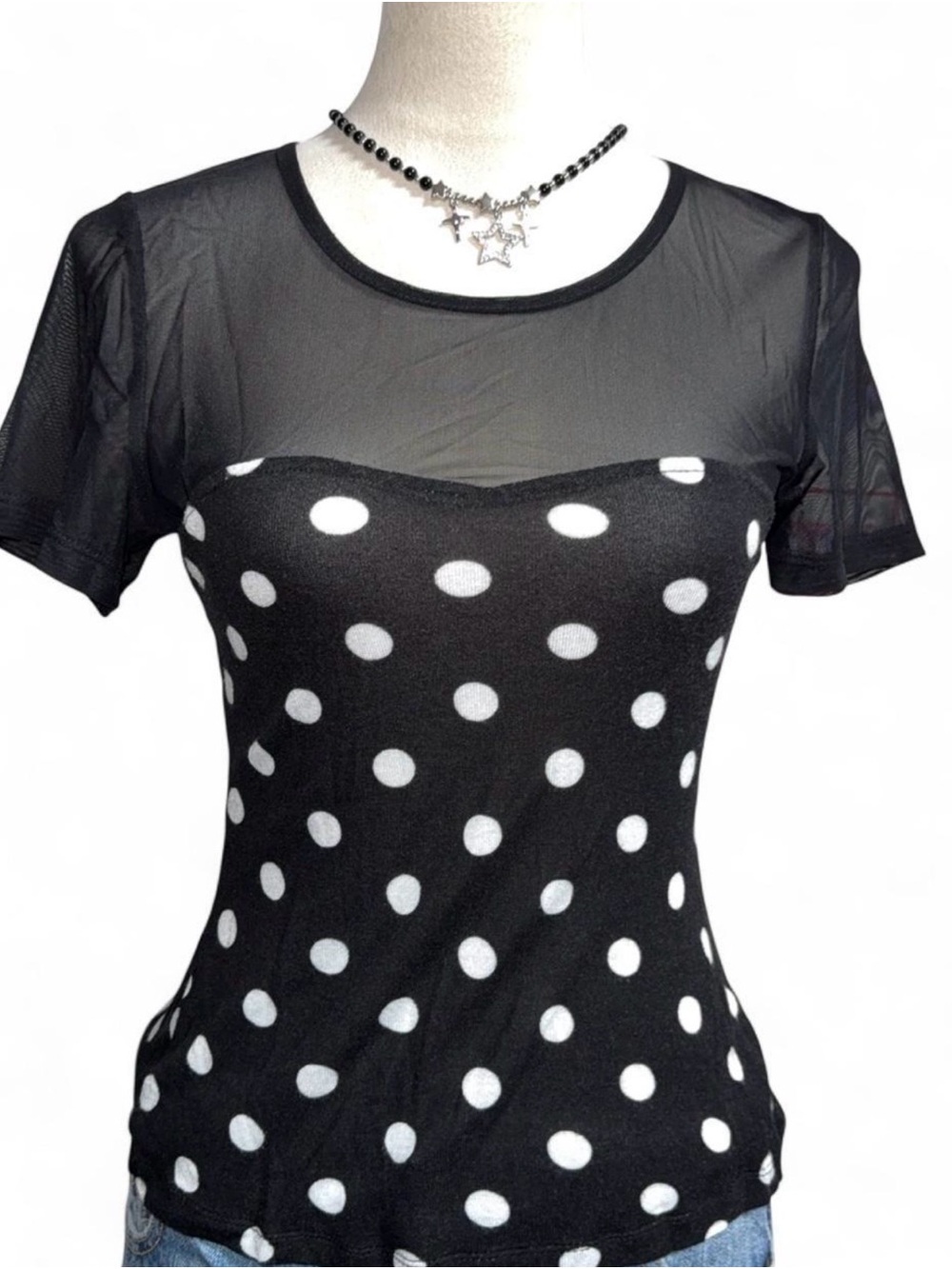 Forever 21 Black and White Polka Dot Mesh Yoke Short Sleeve Top